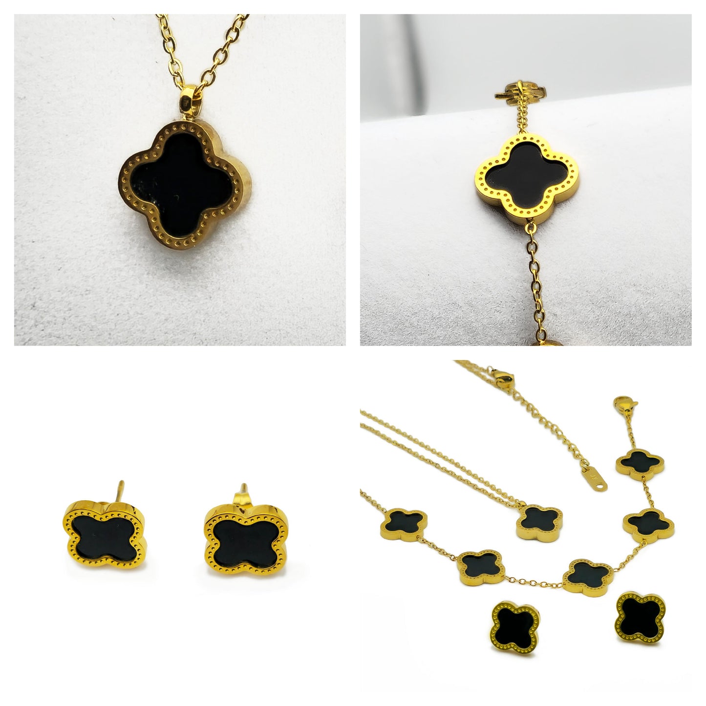 Red Clover Necklace Bracelet and Earrings Set - 18K Gold on Titanium