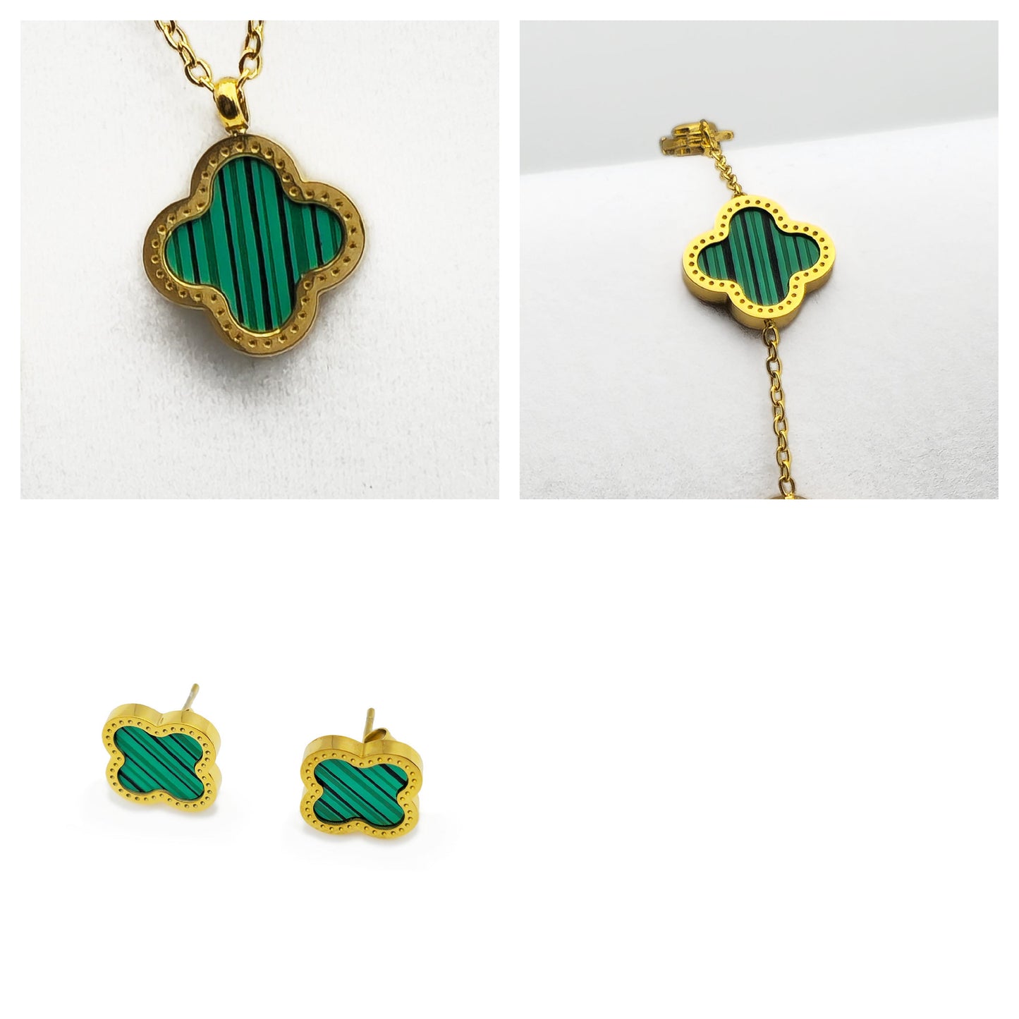 Red Clover Necklace Bracelet and Earrings Set - 18K Gold on Titanium