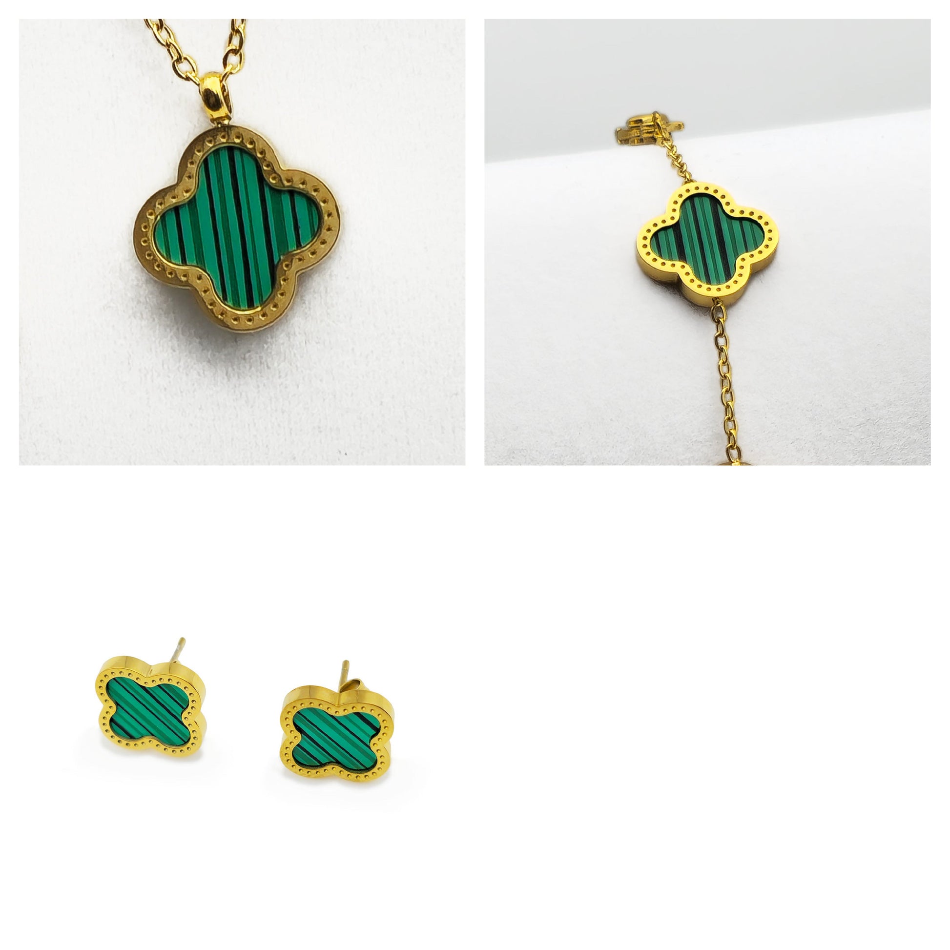 Red Clover Necklace Bracelet and Earrings Set - 18K Gold on Titanium