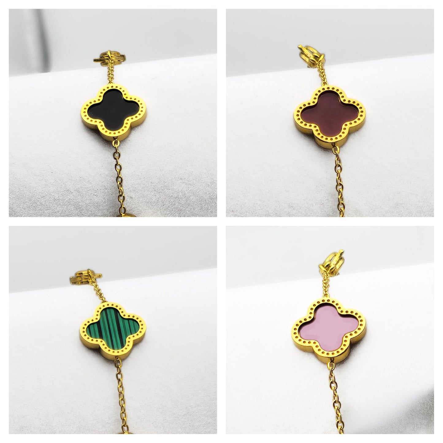 Red Clover Necklace Bracelet and Earrings Set - 18K Gold on Titanium