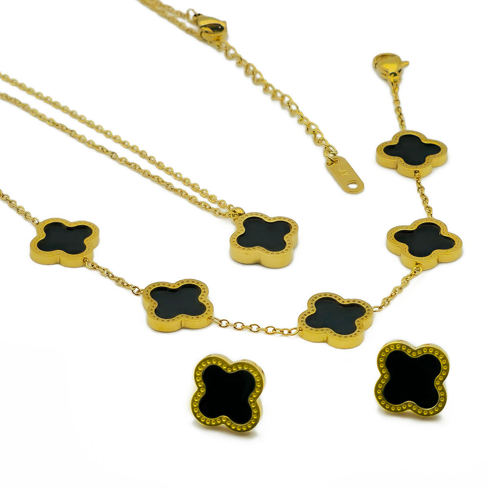 Red Clover Necklace Bracelet and Earrings Set - 18K Gold on Titanium