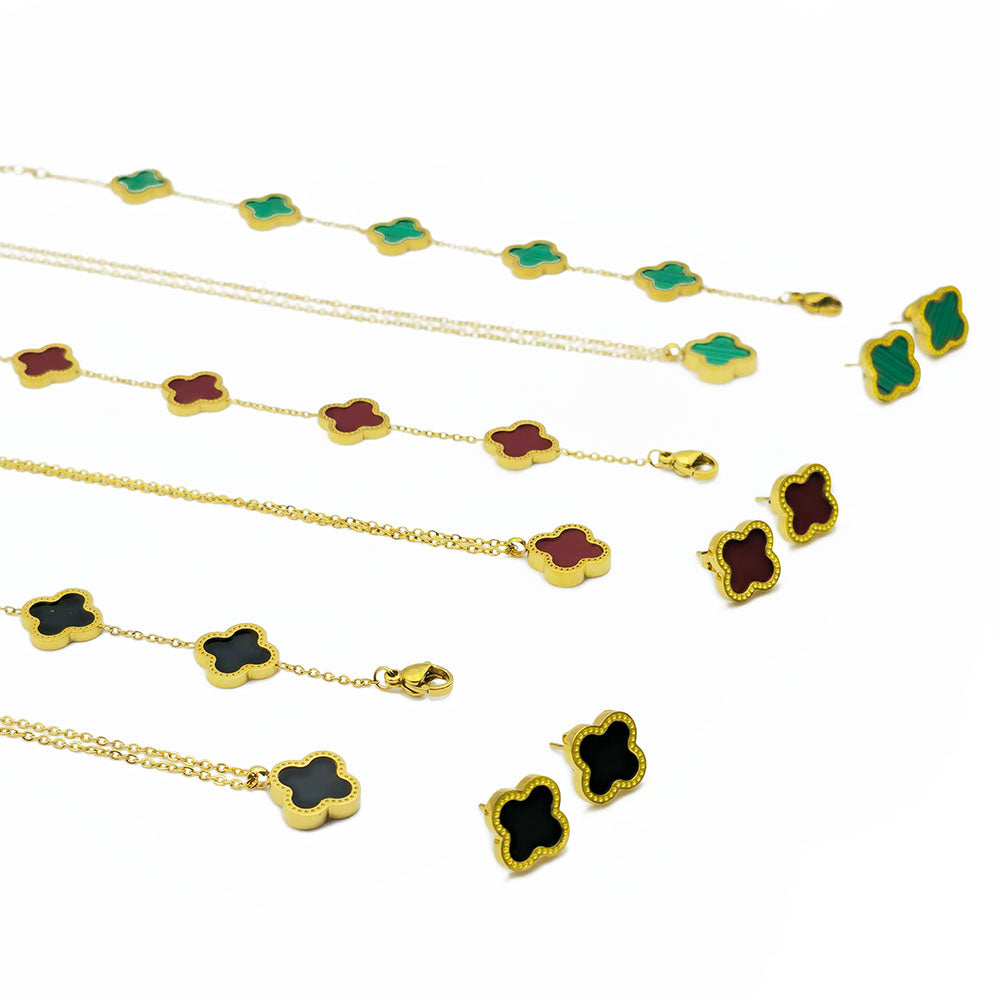 Red Clover Necklace Bracelet and Earrings Set - 18K Gold on Titanium