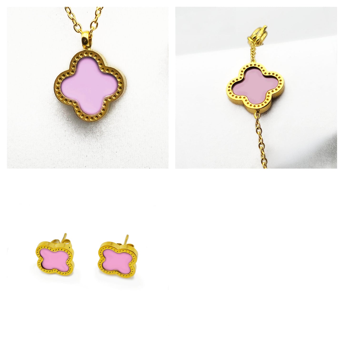 Red Clover Necklace Bracelet and Earrings Set - 18K Gold on Titanium