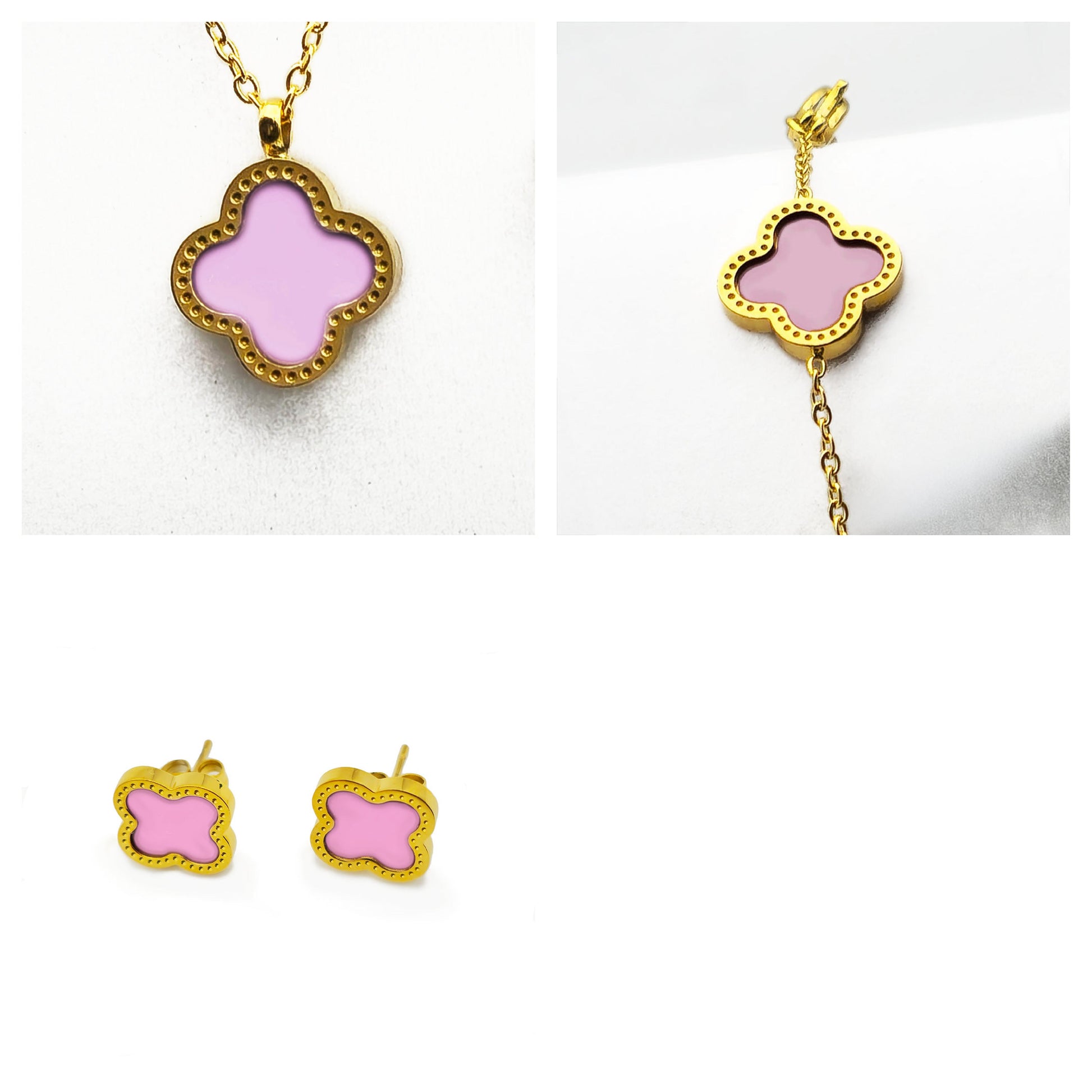 Red Clover Necklace Bracelet and Earrings Set - 18K Gold on Titanium