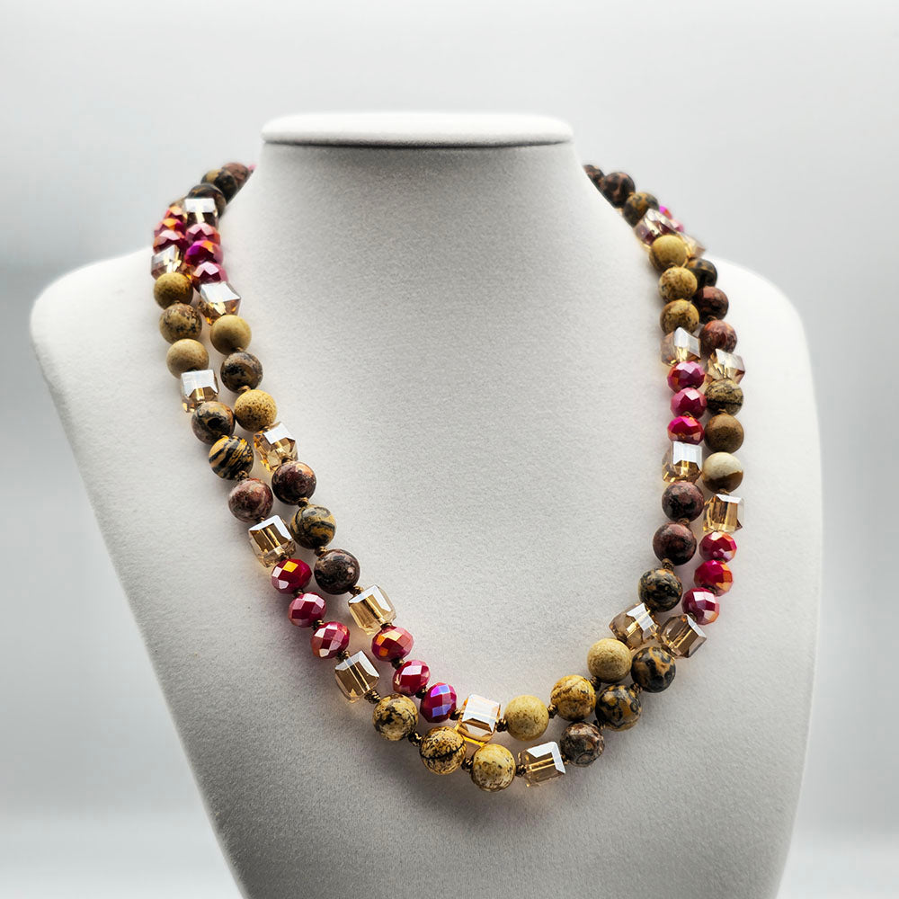 Red Hand Knotted Necklace - Handmade Knotted Necklace with Natural Gemstones and Crystals (36 Inches Long)