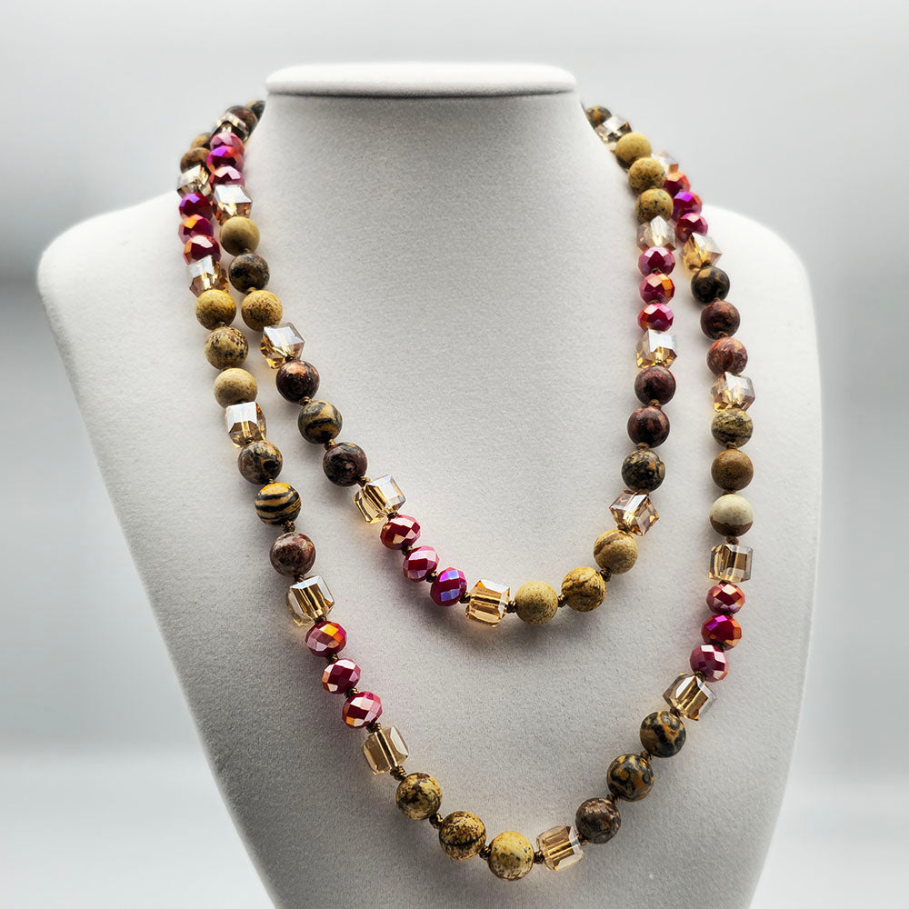 Red Hand Knotted Necklace - Handmade Knotted Necklace with Natural Gemstones and Crystals (36 Inches Long)