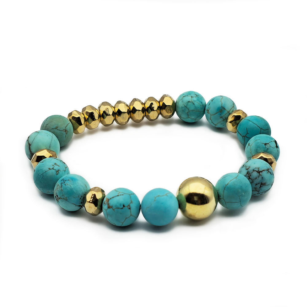 Turquoise Bracelet – Handmade with Genuine Natural Gemstones and Brushed Gold Colored Accent Beads (8 mm Beads - 10mm