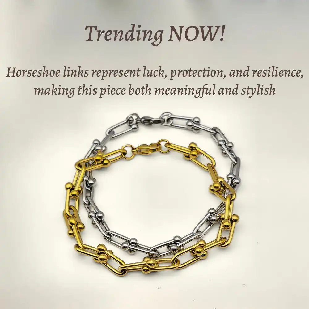 Two U-shaped link bracelets, one gold-toned and one silver-toned.